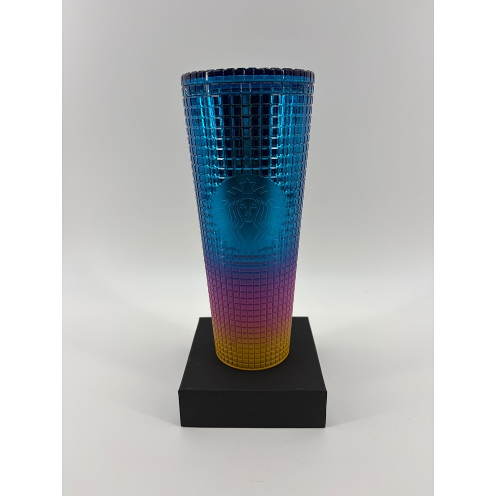 Starbucks Tumbler Cold Cup Unisex 24oz Blue Purple Yellow Grid Ombre No‎ Straw